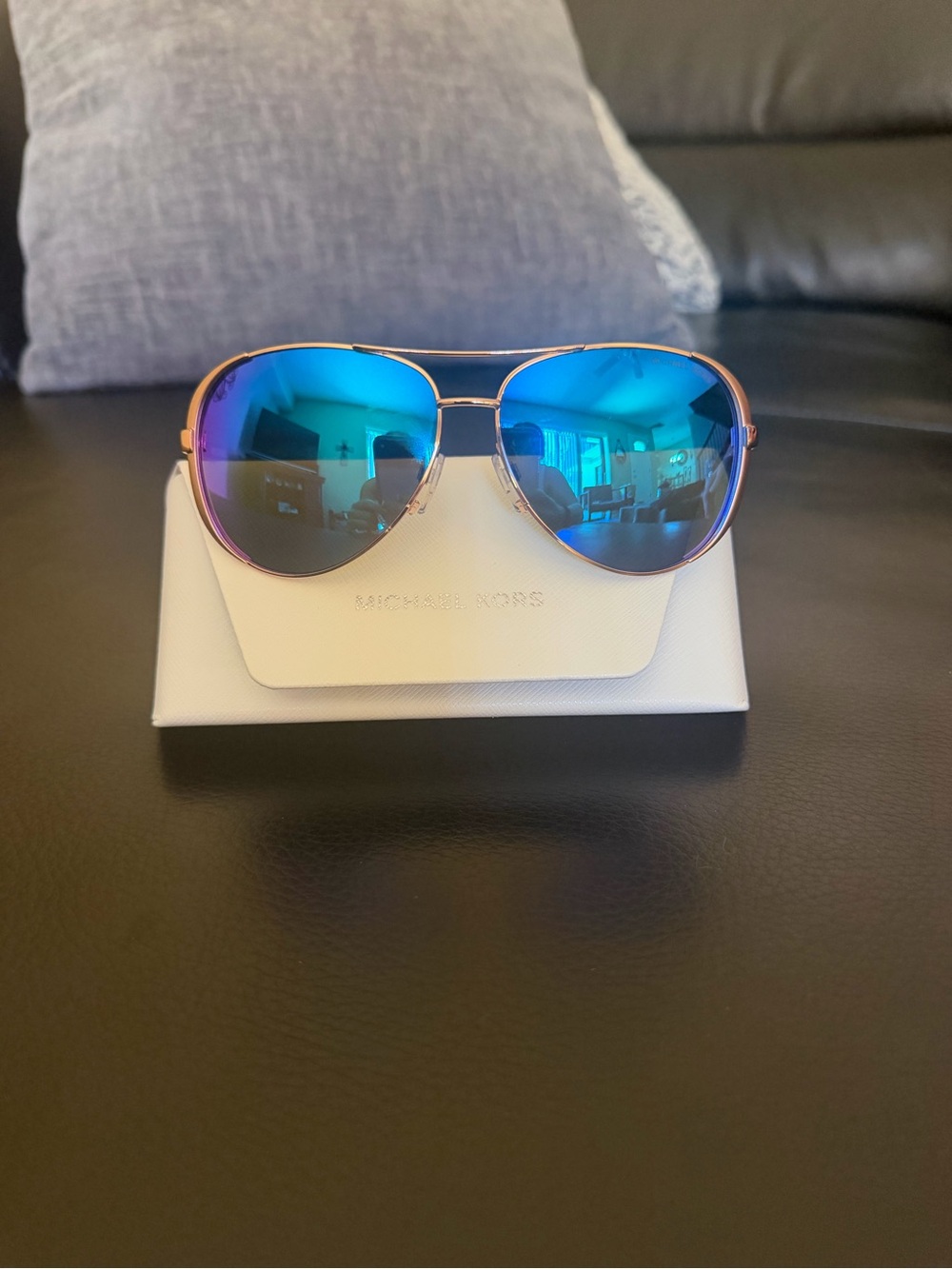 Michael Kors Rose Gold Frame Sunglasses with Blue Mirrored Lenses